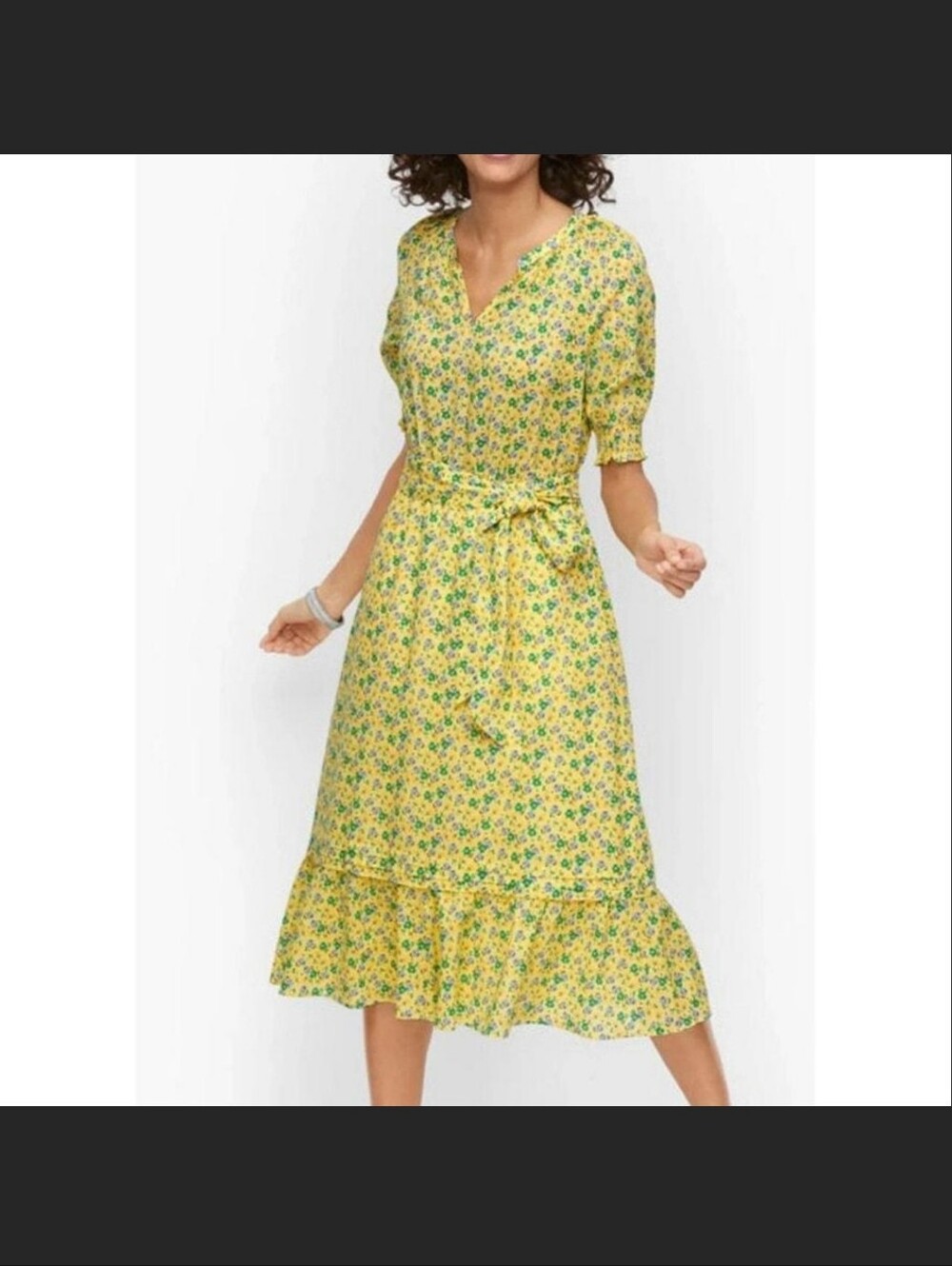 Talbots Petite Medium 100% Cotton Midi Floral Yellow Dress with Ruffle Hem